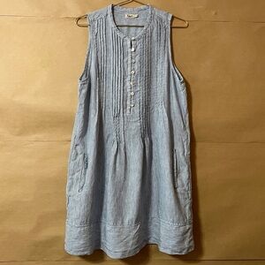 Faherty | Isha Linen Dress Blue Mini Stripe Pintuck Button Front Popover Size S